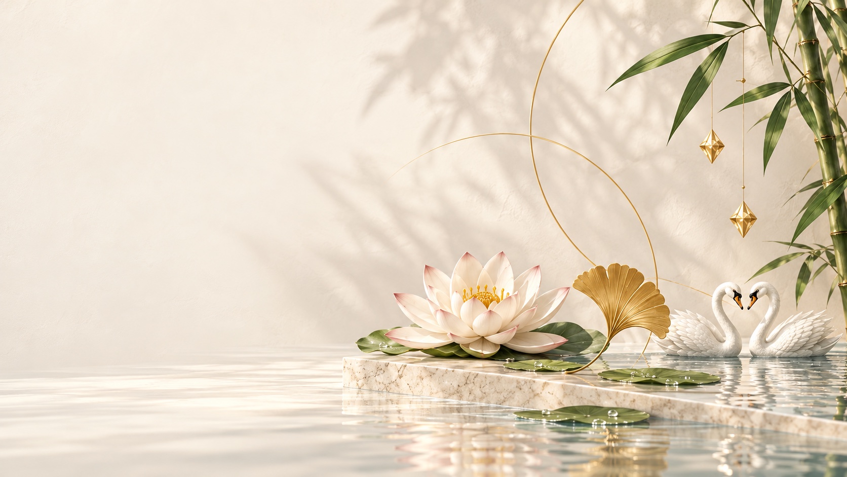 Balance and Bliss Feng Shui hero with lotus, swans and bamboo